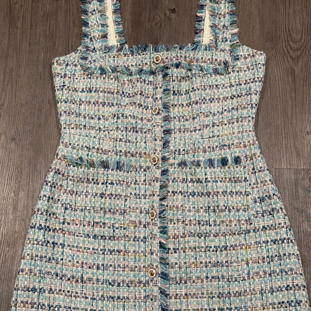 Vintage Chic Tweed birthday dress Mini Dress with pockets Blue Pastel Plaid